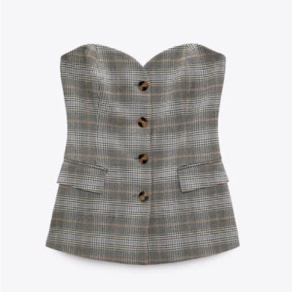 Zara Gray Brown Plaid Bustier Corset Button Down Top - Size Small